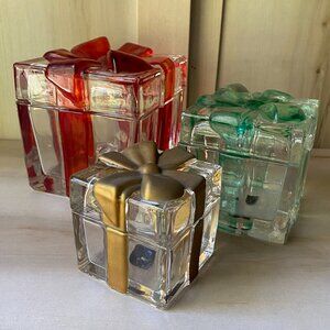 3 Circleware figural glass wrapped Christmas present boxes candy dish red green